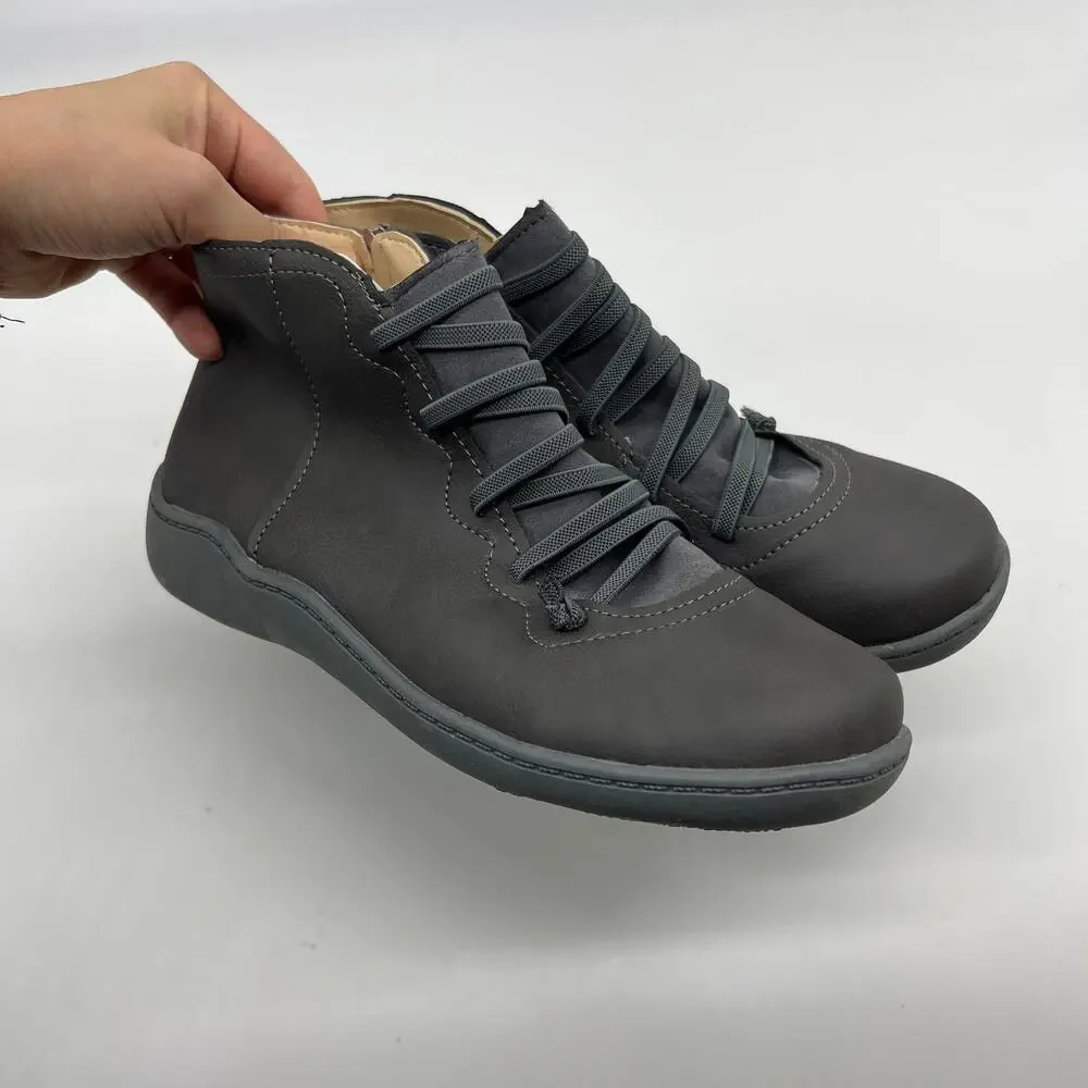 Women's Grey Leather Ankle Bootie - Casual Comfort